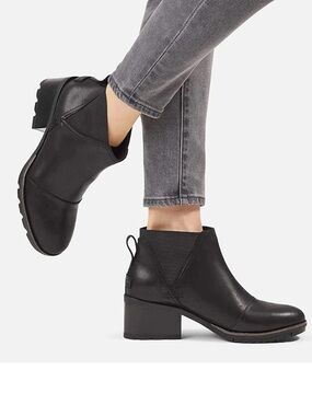 Sorel Women's Black Leather Cate Chelsea Bootie Heeled Boots 11